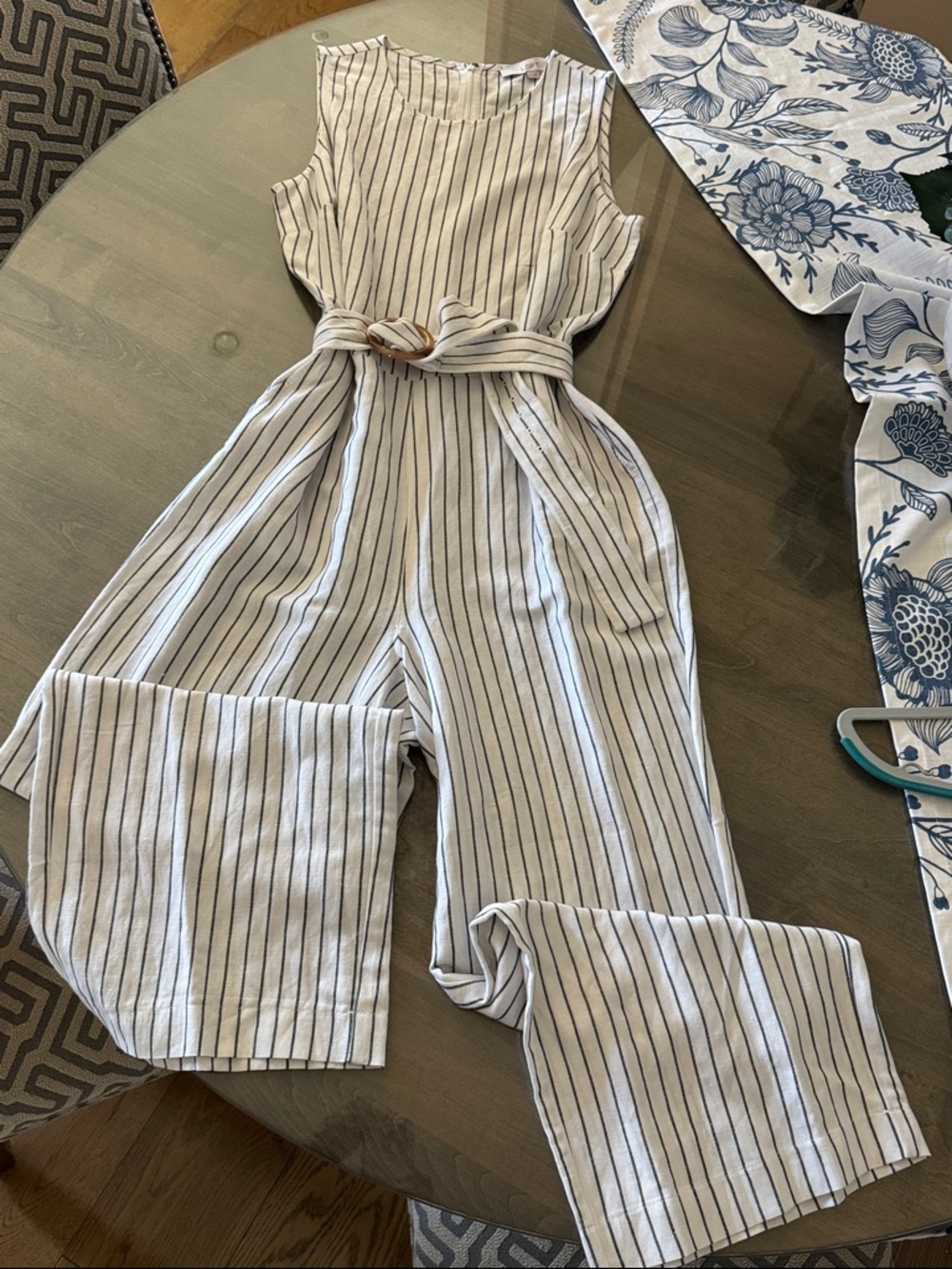 NWOT Loft Sleeveless Linen Blend Striped Wide-Leg Jumpsuit in White/Black
